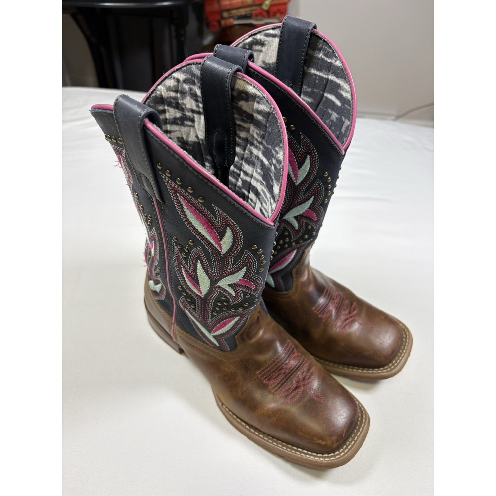 Laredo Lydia 5604 Women Size 9 M Brown Navy Square Toe Leather Cowboy Boots